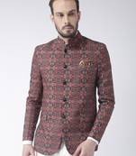 Brown Printed Polyester Bandhgala Suit
