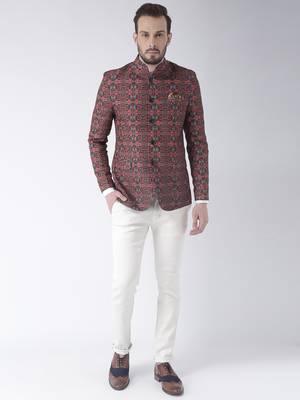 Brown Printed Polyester Bandhgala Suit 2