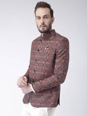 Brown Printed Polyester Bandhgala Suit 3