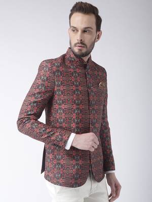 Brown Printed Polyester Bandhgala Suit 4