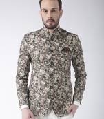 Brown Printed Polyester Bandhgala Suit