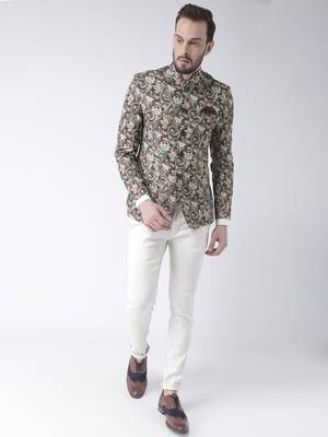Brown Printed Polyester Bandhgala Suit 2