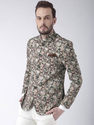 Brown Printed Polyester Bandhgala Suit 3