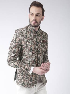 Brown Printed Polyester Bandhgala Suit 4