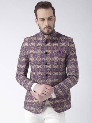 Purple Printed Polyester Bandhgala Suit 1