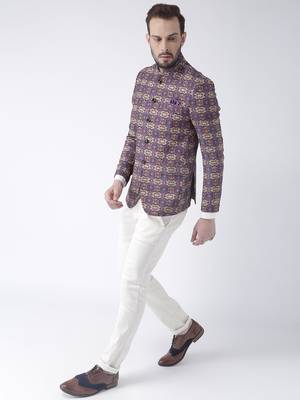 Purple Printed Polyester Bandhgala Suit 2