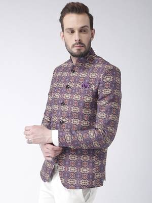 Purple Printed Polyester Bandhgala Suit 3