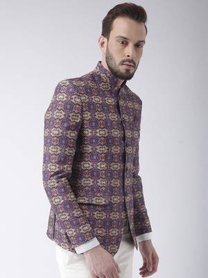 Purple Printed Polyester Bandhgala Suit 4