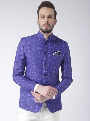Blue Printed Polyester Bandhgala Suit 1