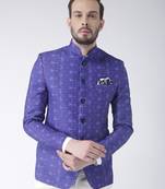 Blue Printed Polyester Bandhgala Suit