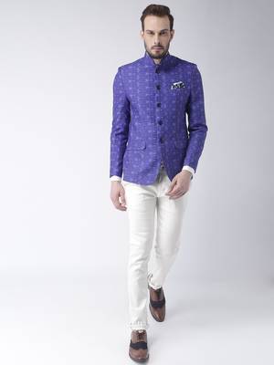 Blue Printed Polyester Bandhgala Suit 2