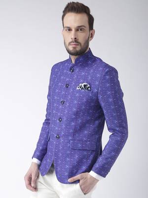 Blue Printed Polyester Bandhgala Suit 3