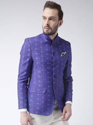 Blue Printed Polyester Bandhgala Suit 4