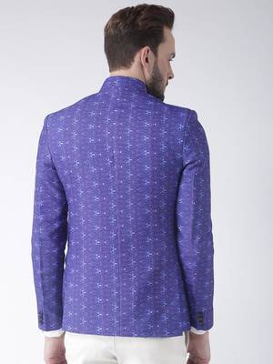 Blue Printed Polyester Bandhgala Suit 5
