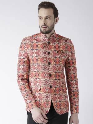 Orange Printed Polyester Bandhgala Suit 1
