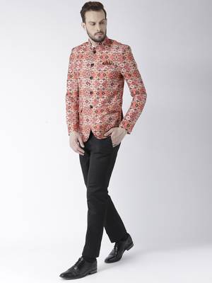 Orange Printed Polyester Bandhgala Suit 2