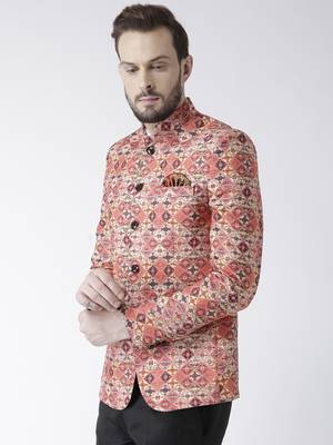 Orange Printed Polyester Bandhgala Suit 3
