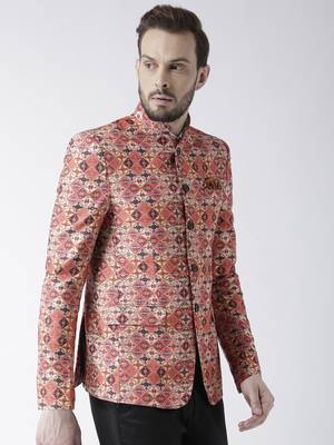 Orange Printed Polyester Bandhgala Suit 4