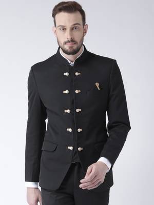 Black Plain Polyester Bandhgala Suit 1