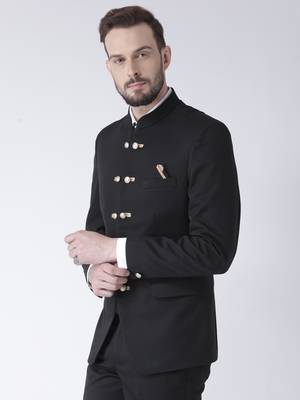 Black Plain Polyester Bandhgala Suit 2