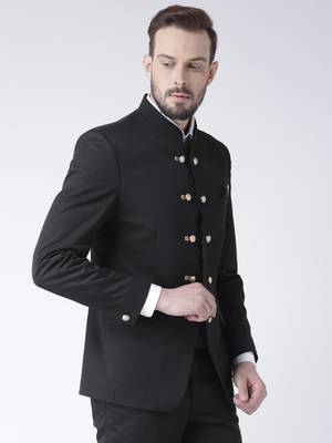Black Plain Polyester Bandhgala Suit 3