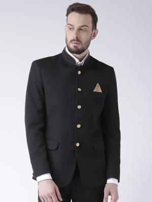 Black Plain Polyester Bandhgala Suit 1