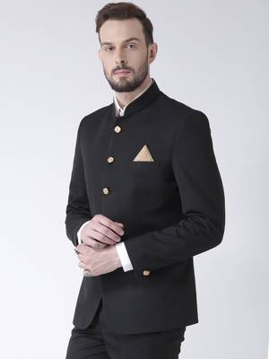Black Plain Polyester Bandhgala Suit 2