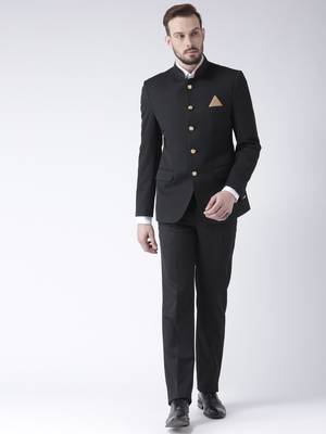 Black Plain Polyester Bandhgala Suit 4