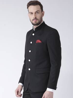 Black Plain Polyester Bandhgala Suit 2