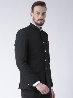 Black Plain Polyester Bandhgala Suit 3