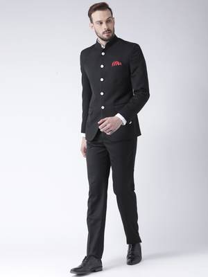 Black Plain Polyester Bandhgala Suit 4
