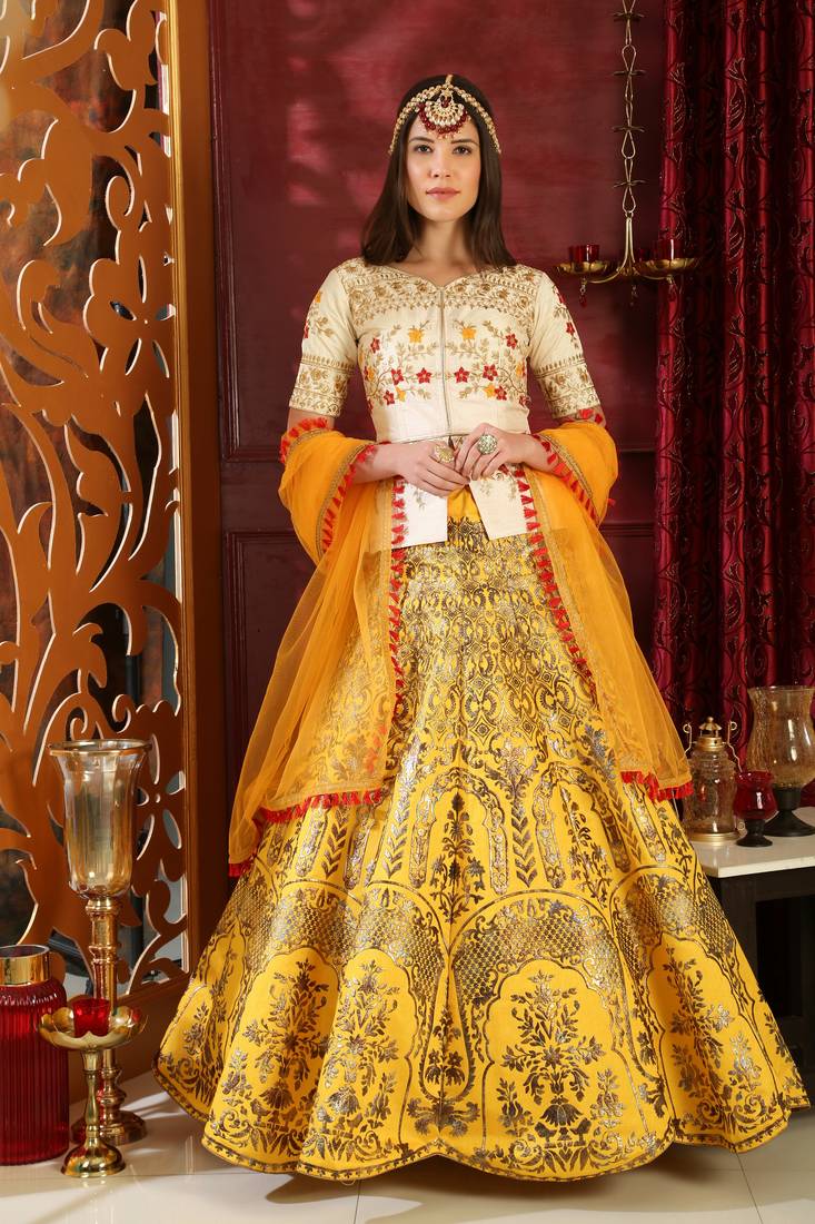 Yellow Embroidered Silk Semi Stitched bridal lehenga