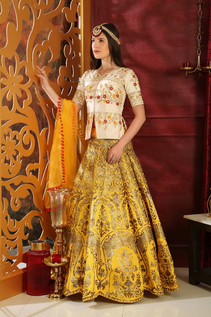 Yellow Embroidered Silk Semi Stitched bridal lehenga