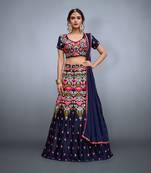 Royal Blue Embroidered Chinon Semi Stitched Bridal Lehenga