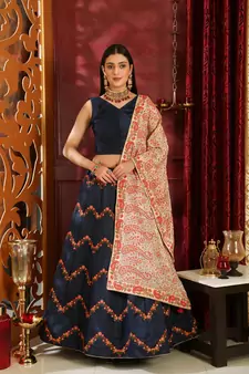 Navy Blue Embroidered Silk Semi Stitched bridal lehenga