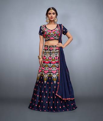 Royal Blue Embroidered Chinon Semi Stitched Bridal Lehenga 3