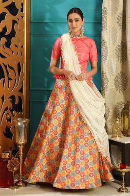 Light Pink Jacquard and Sequins Embroidered Silk Semi Stitched bridal lehenga 1