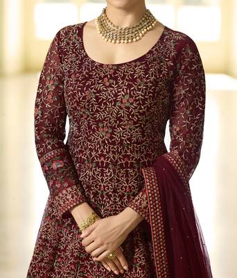 Maroon embroidered net salwar with dupatta 3
