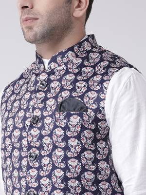 Blue Printed Cotton Poly Nehru Jacket 5