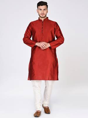 Red Plain Silk Blend Kurta Pajama 1