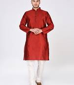 Red Plain Silk Blend Kurta Pajama