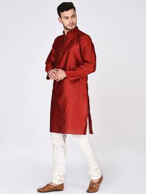Red Plain Silk Blend Kurta Pajama 5