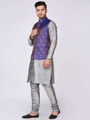 Grey Woven Silk Blend Kurta Pajama 4