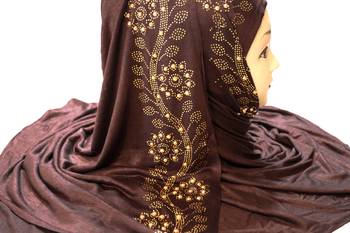 Coffee Embroidered Cotton Hijab 2