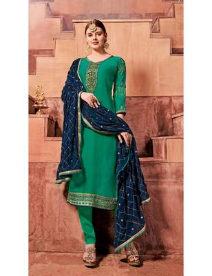 Green Embroidered Santoon Semi Stitched Salwar With Dupatta 1