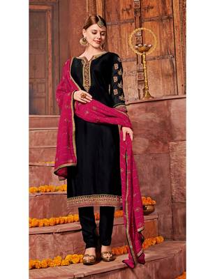 Black Embroidered Santoon Semi Stitched Salwar With Dupatta 1