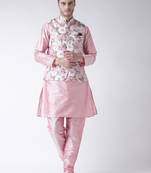 Pink Plain Polyester Kurta Pajama