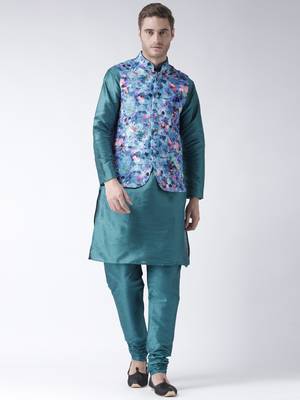 Turquoise Plain Polyester Kurta Pajama 1