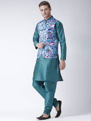 Turquoise Plain Polyester Kurta Pajama 2