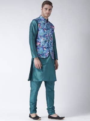 Turquoise Plain Polyester Kurta Pajama 3